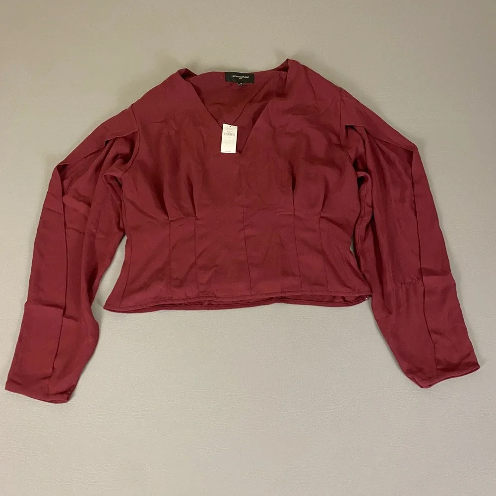 Banana Republic Top Womens Size 8 Burgundy Blouse Long Sleeve V Neck New w/ Flaw